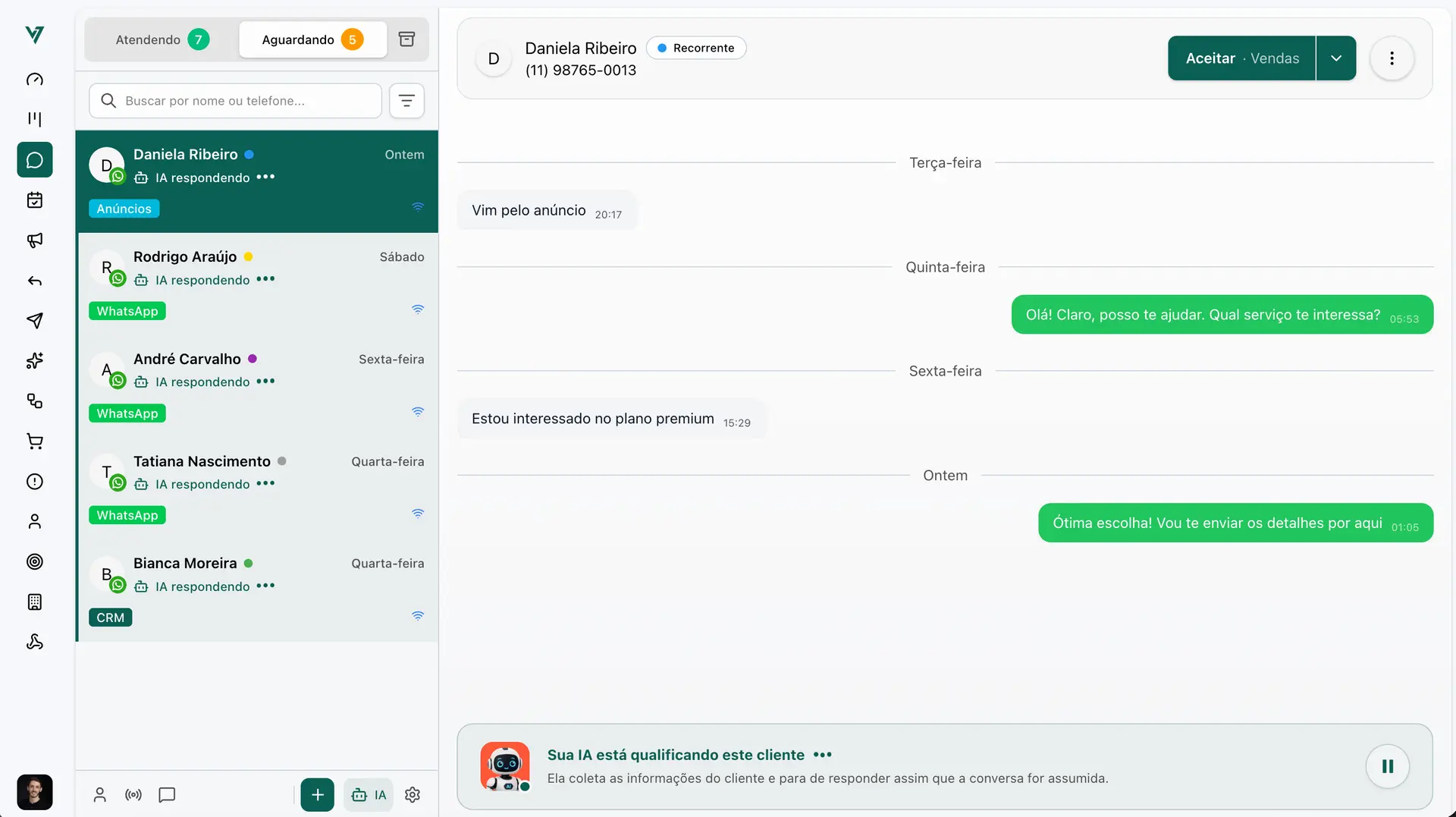 Agente de IA qualificando leads no WhatsApp dentro do Virtus CRM